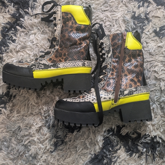 BAMBOO Shoes - Bamboo Leopard Snake Print Chunky Combat Boots with Neon Accents